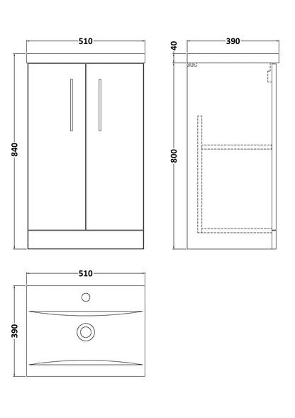 [BFLE501A] Contemporary Floor Standing Vanity Unit with Mid-Edge Basin, Choice of Size - Line Drawing