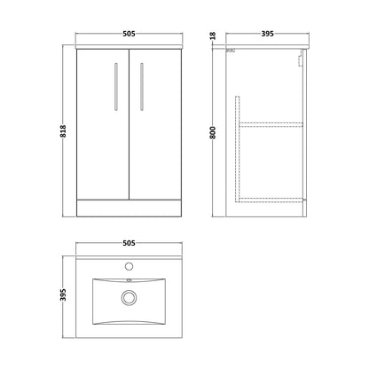 [BFLE501B] Balterley  Contemporary Bathroom 2 Soft Close Door & Minimalist Floor Standing Vanity Unit Basin, Anthracite Woodgrain, 500mm - Technical Drawing