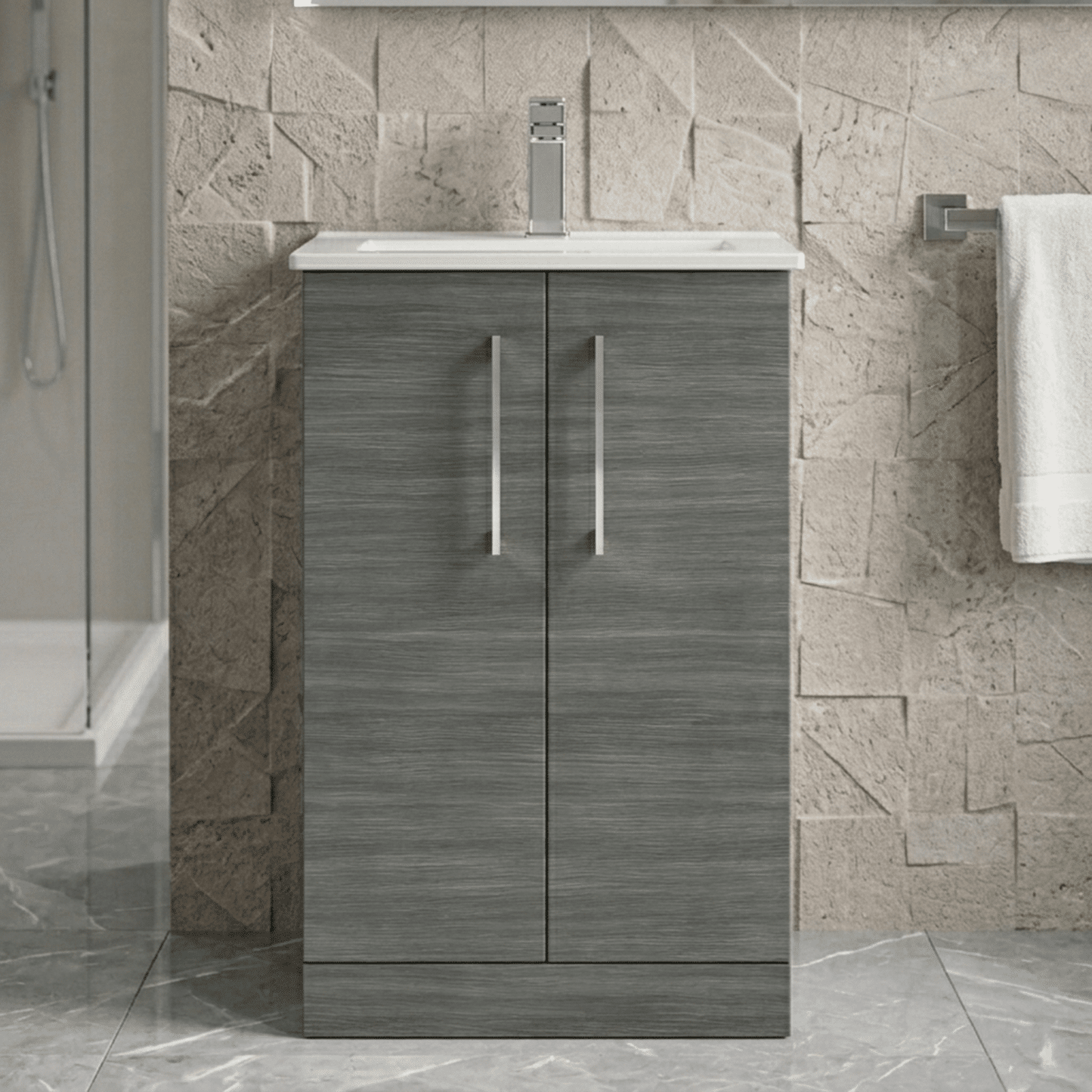 [BFLE501B] Balterley  Contemporary Bathroom 2 Soft Close Door & Minimalist Floor Standing Vanity Unit Basin, Anthracite Woodgrain, 500mm - Silo