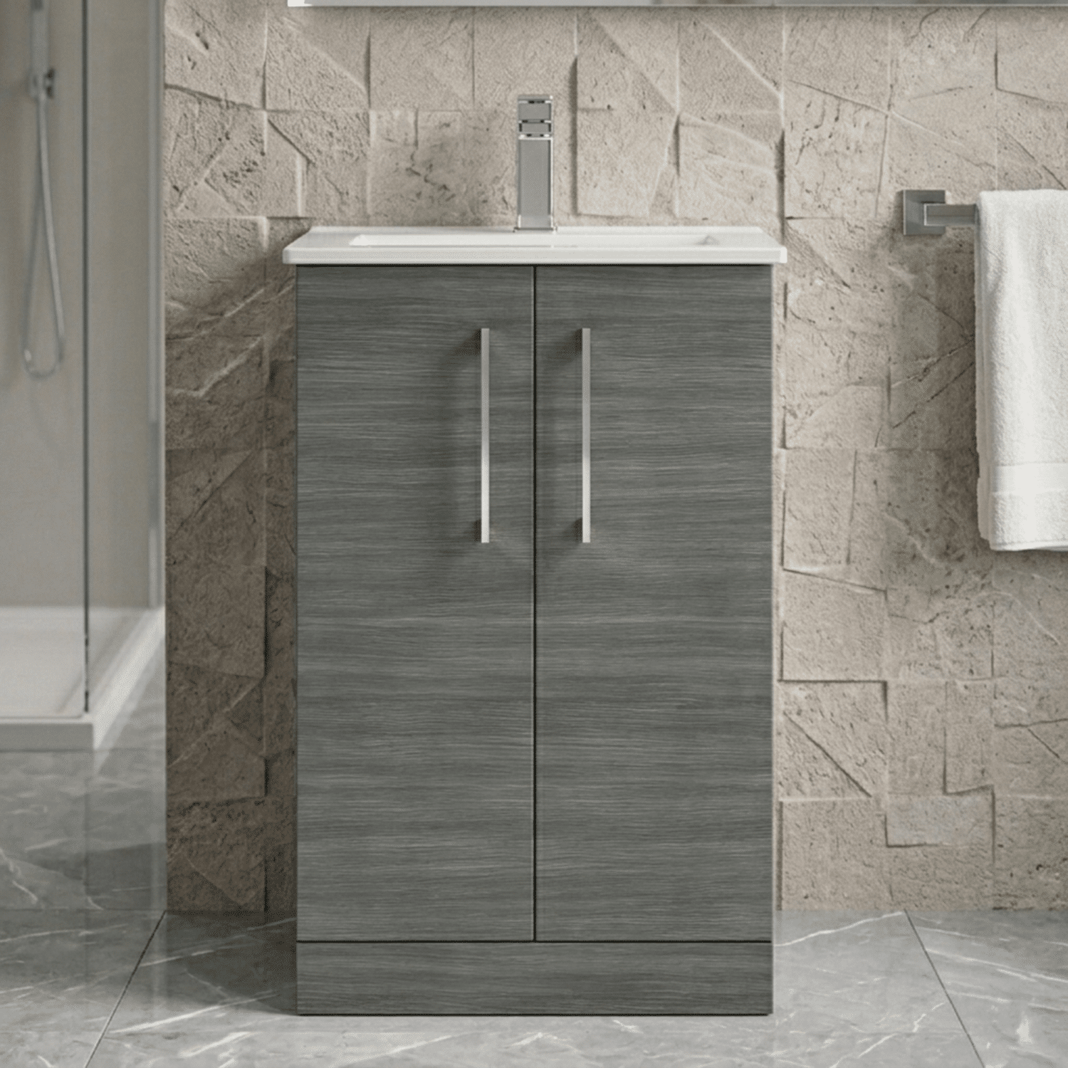 [BFLE501B] Balterley  Contemporary Bathroom 2 Soft Close Door & Minimalist Floor Standing Vanity Unit Basin, Anthracite Woodgrain, 500mm - Silo