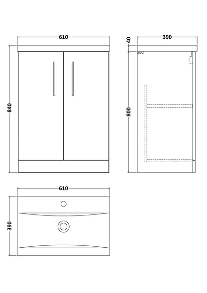 [BFLE503A] Contemporary Floor Standing Vanity Unit with Mid-Edge Basin, Choice of Size - Line Drawing