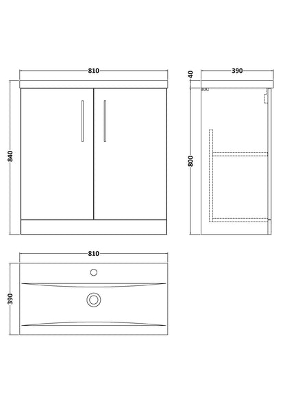 [BFLE505A] Contemporary Floor Standing Vanity Unit with Mid-Edge Basin, Choice of Size - Line Drawing