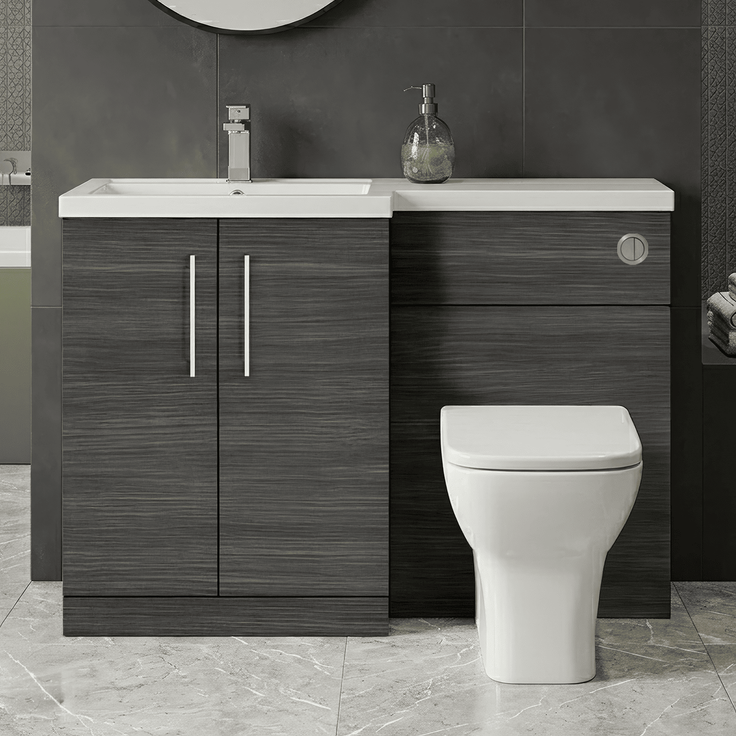 [BFLE511L] Bramshall Combination Vanity Unit with Basin & WC, Left Hand, 1100mm x 390mm - Choice of Colour and Handle Finish - Silo
