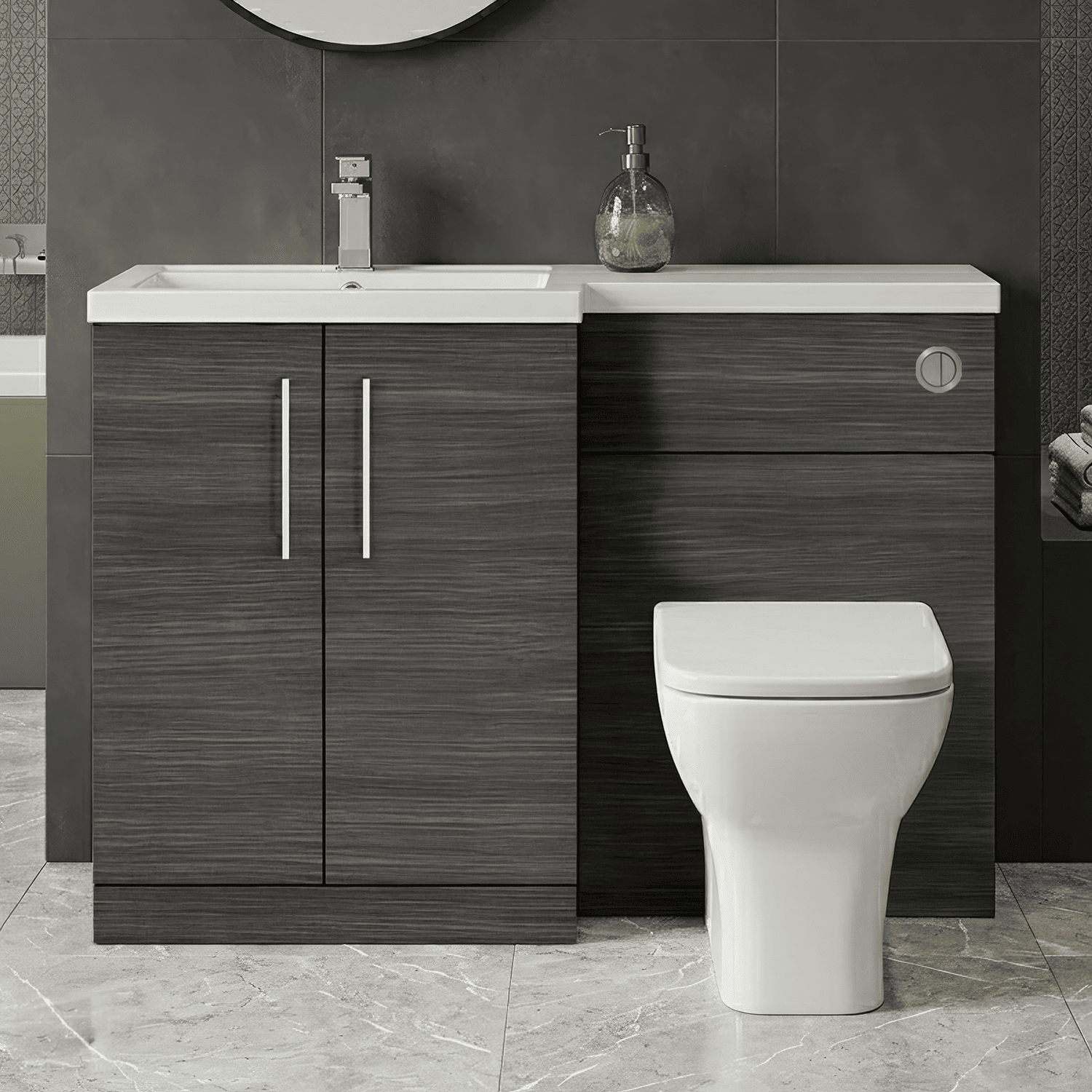 [BFLE511L] Bramshall Combination Vanity Unit with Basin & WC, Left Hand, 1100mm x 390mm - Choice of Colour and Handle Finish - Silo