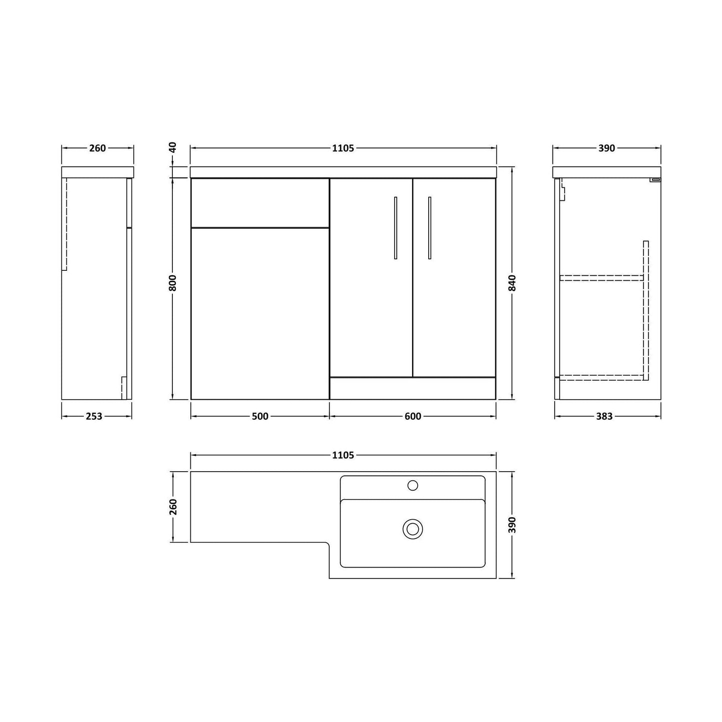 [BFLE511RH019] Bramshall Combination Vanity Unit with Basin & WC, Right Hand, 1100mm x 390mm - Choice of Colour and Handle Finish - Technical Drawing