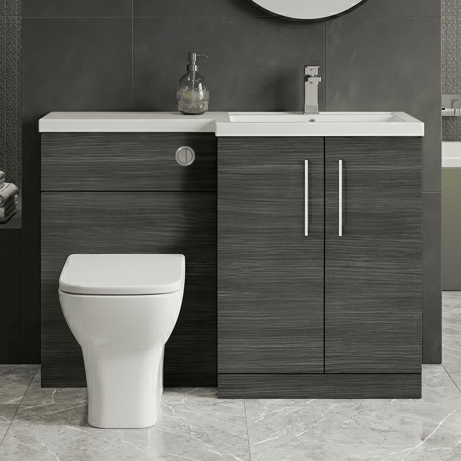 [BFLE511R] Bramshall Combination Vanity Unit with Basin & WC, Right Hand, 1100mm x 390mm - Choice of Colour and Handle Finish - Silo