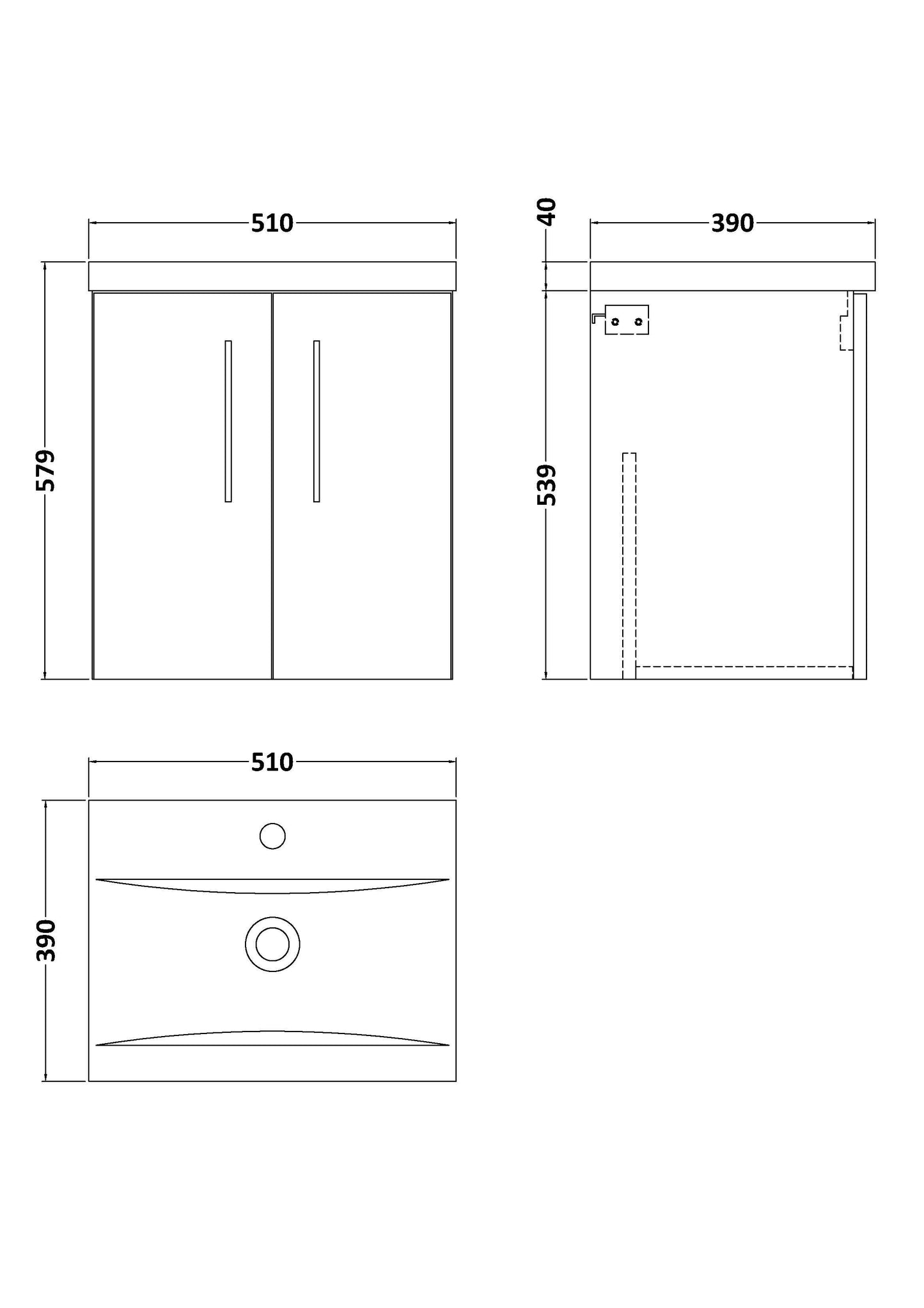 [BFLE521A] Bramshall Contemporary 2 Door Wall Hung Vanity Basin Unit with Mid-Edge Basin, Choice of Size and Colour - Line Drawing