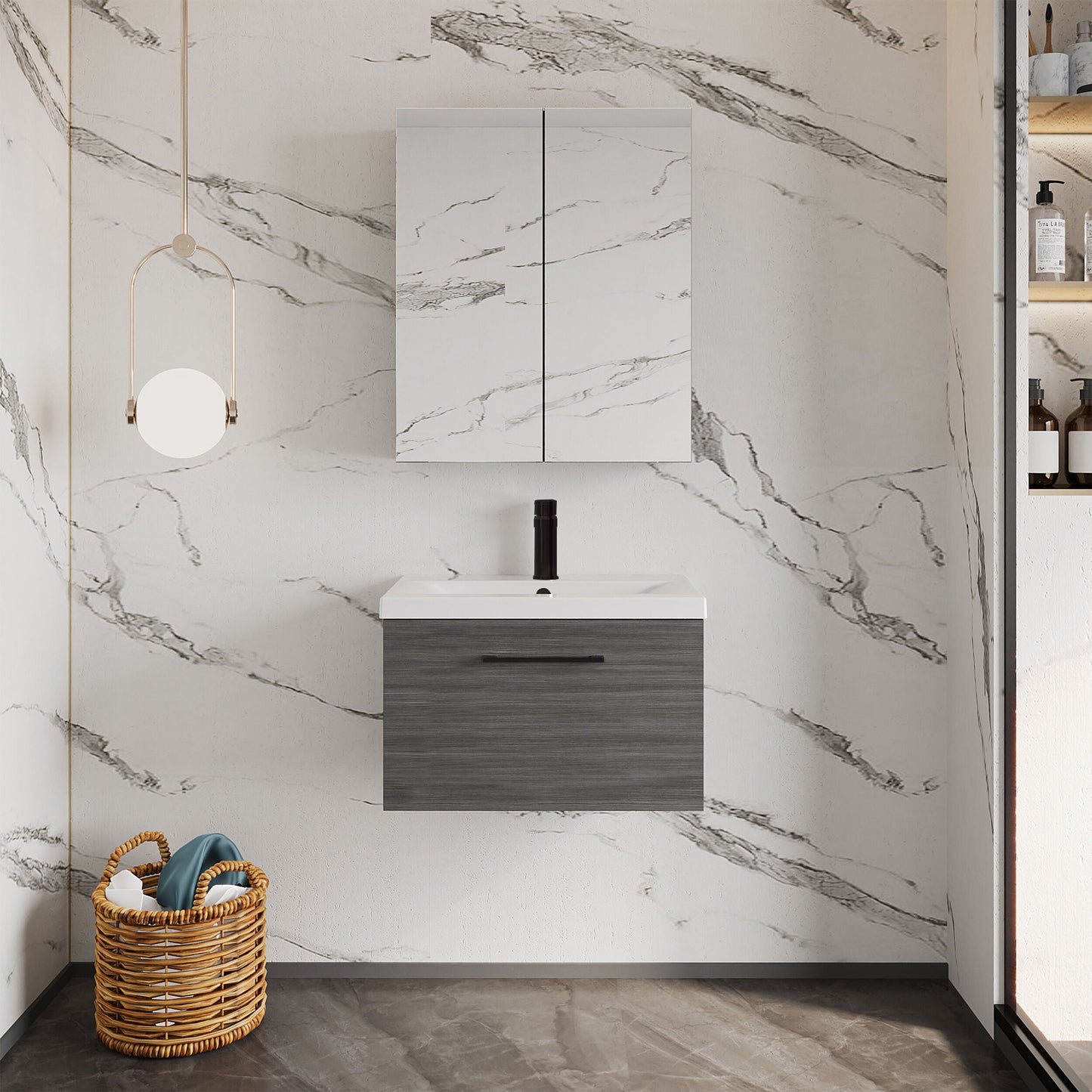 [BFLE522AH018] Bramshall Wall Hung 1 Drawer Vanity Unit with Mid-Edge Ceramic Basin - Choice of Colour, Handle Finish and Size - Lifestyle 1