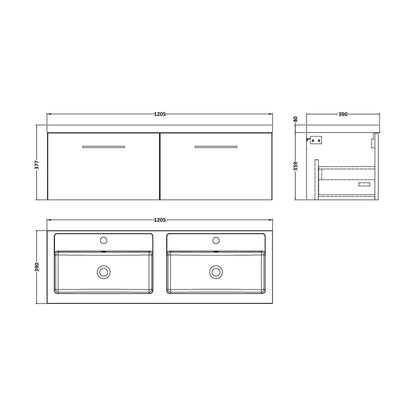 [BFLE522C2] Bramshall Wall Hung 2 Drawer Vanity Basin Unit - 1200mm - Choice of Colour and Basin Type - Technical Drawing