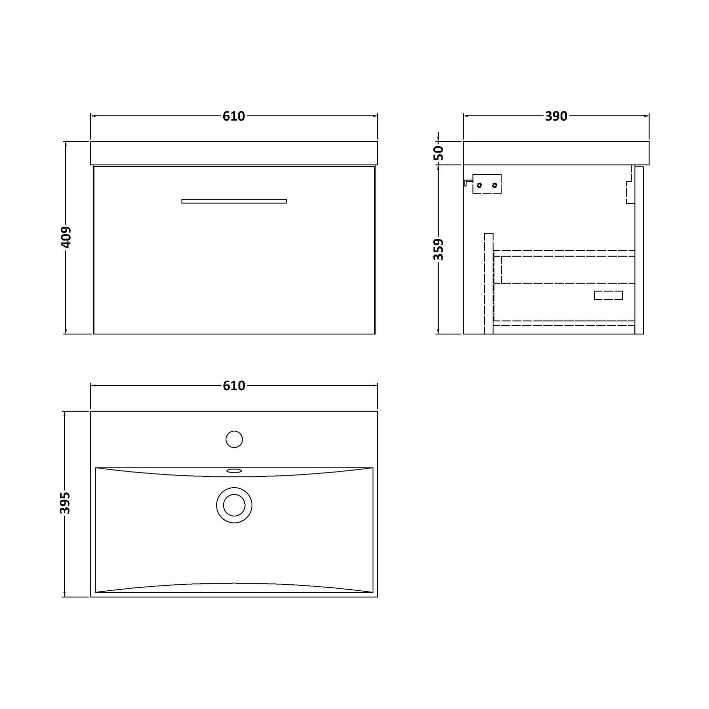 [BFLE522D] Balterley  Contemporary Bathroom Wall Hung 1-Drawer Vanity & Thin-Edge Basin, Anthracite, 600mm - Technical Drawing