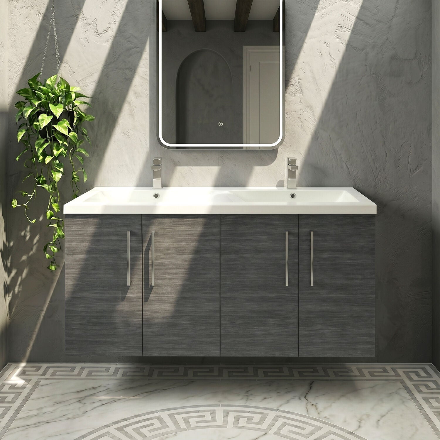 [BFLE523F2] Balterley Level 1200mm Wall Hung 4-Door Vanity Unit with Double Basin for Modern Bathroom Storage - Gloss White - Silo