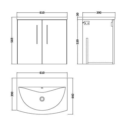 [BFLE523G] Balterley  Modern Bathroom 2 Soft Close Door Wall Hung Vanity & Basin, Anthracite, 600mm - Technical Drawing