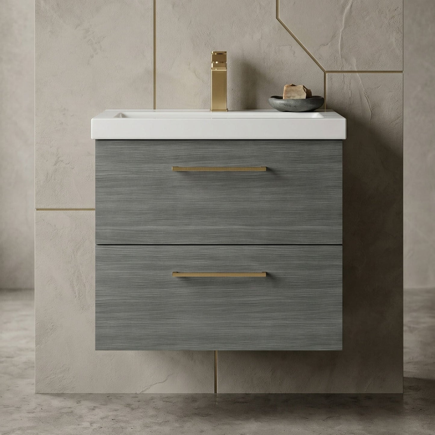 [BFLE524AH017] Bramshall Wall Hung 2 Drawer Vanity Unit with Mid-Edge Ceramic Basin - Choice of Colour, Handle Finish and Size - Silo