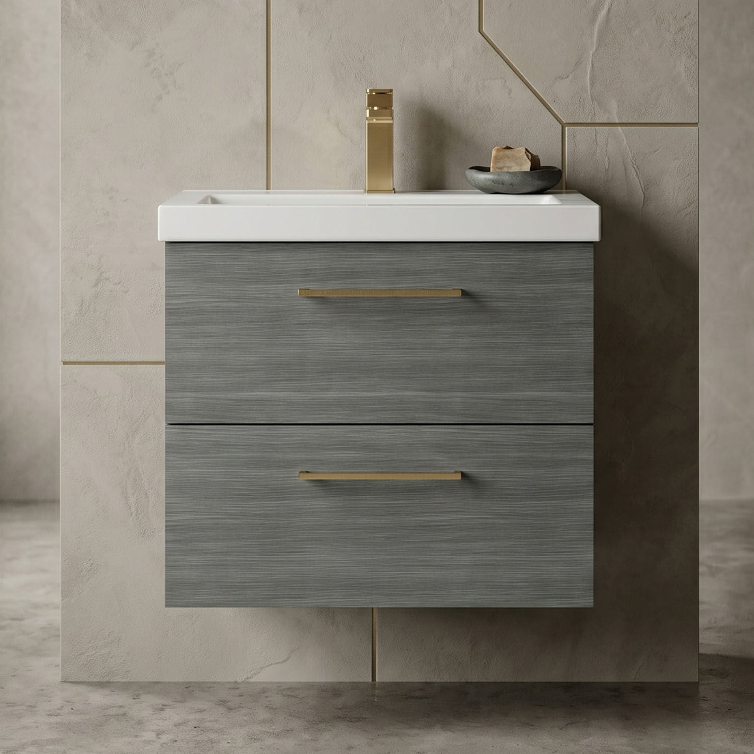 [BFLE524AH017] Bramshall Wall Hung 2 Drawer Vanity Unit with Mid-Edge Ceramic Basin - Choice of Colour, Handle Finish and Size - Silo