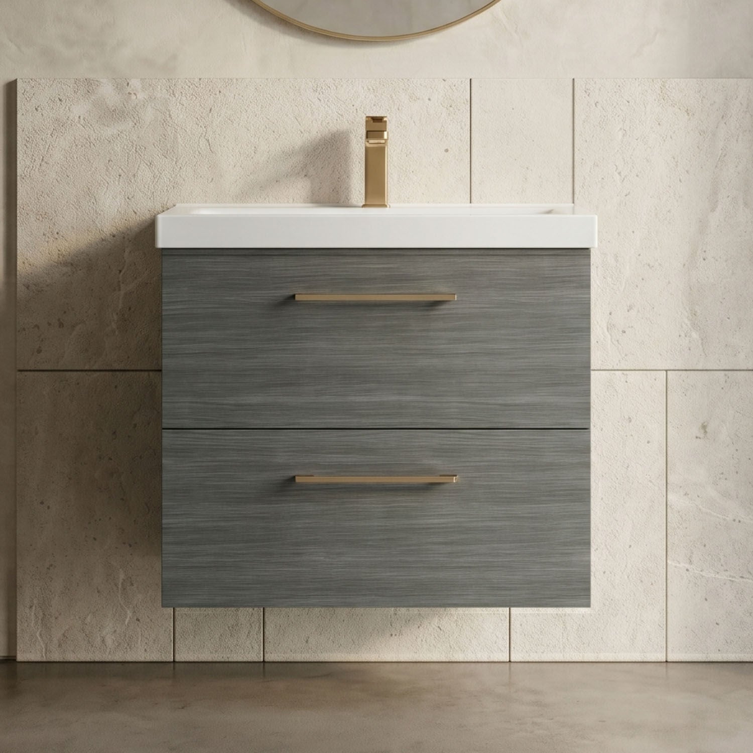 [BFLE524AH1516] Bramshall Wall Hung 2 Drawer Vanity Unit with Mid-Edge Ceramic Basin - Choice of Colour, Handle Finish and Size - Silo