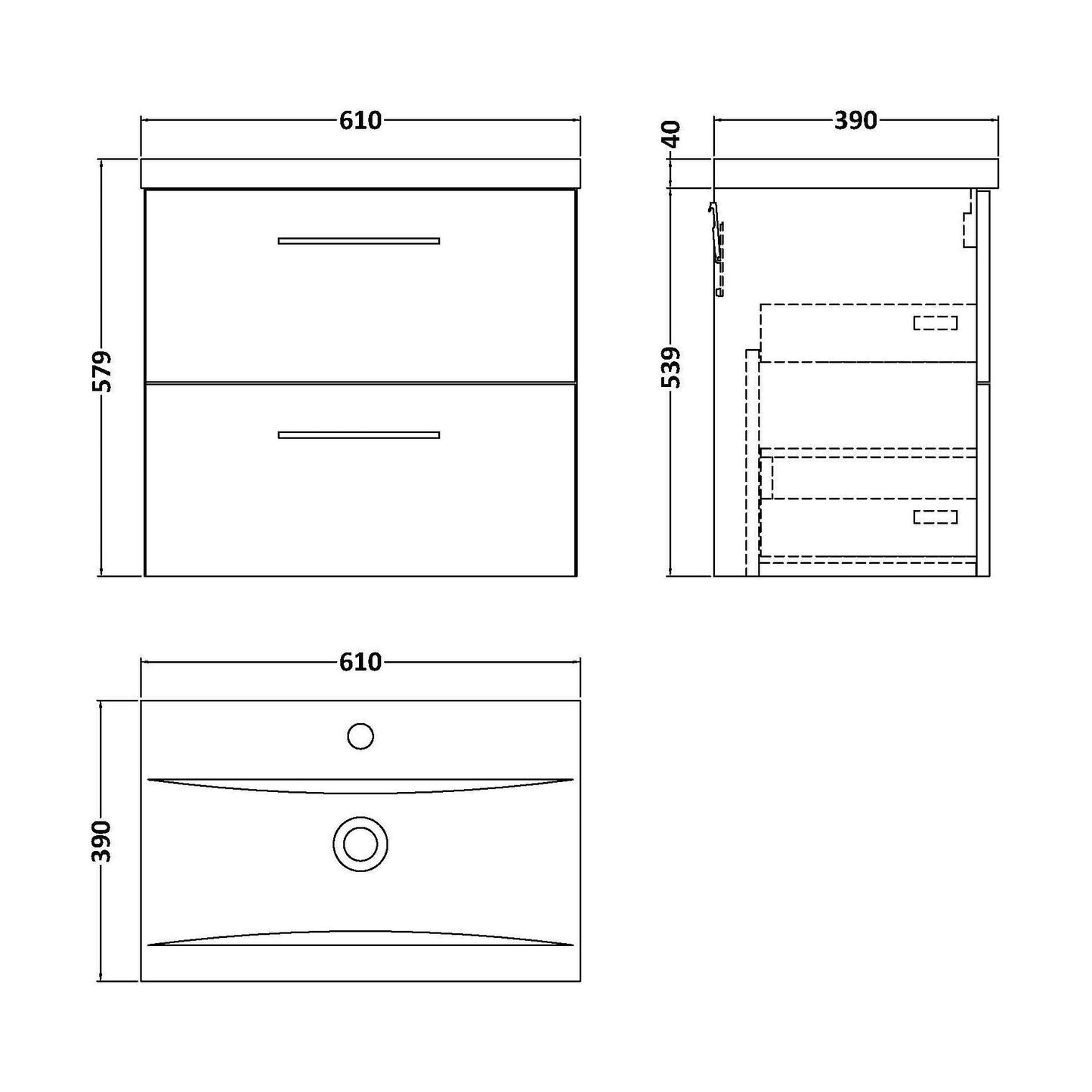 [BFLE524A] Bramshall Wall Hung 2 Drawer Vanity Unit with Mid-Edge Ceramic Basin - Choice of Colour, Handle Finish and Size - Technical Drawing