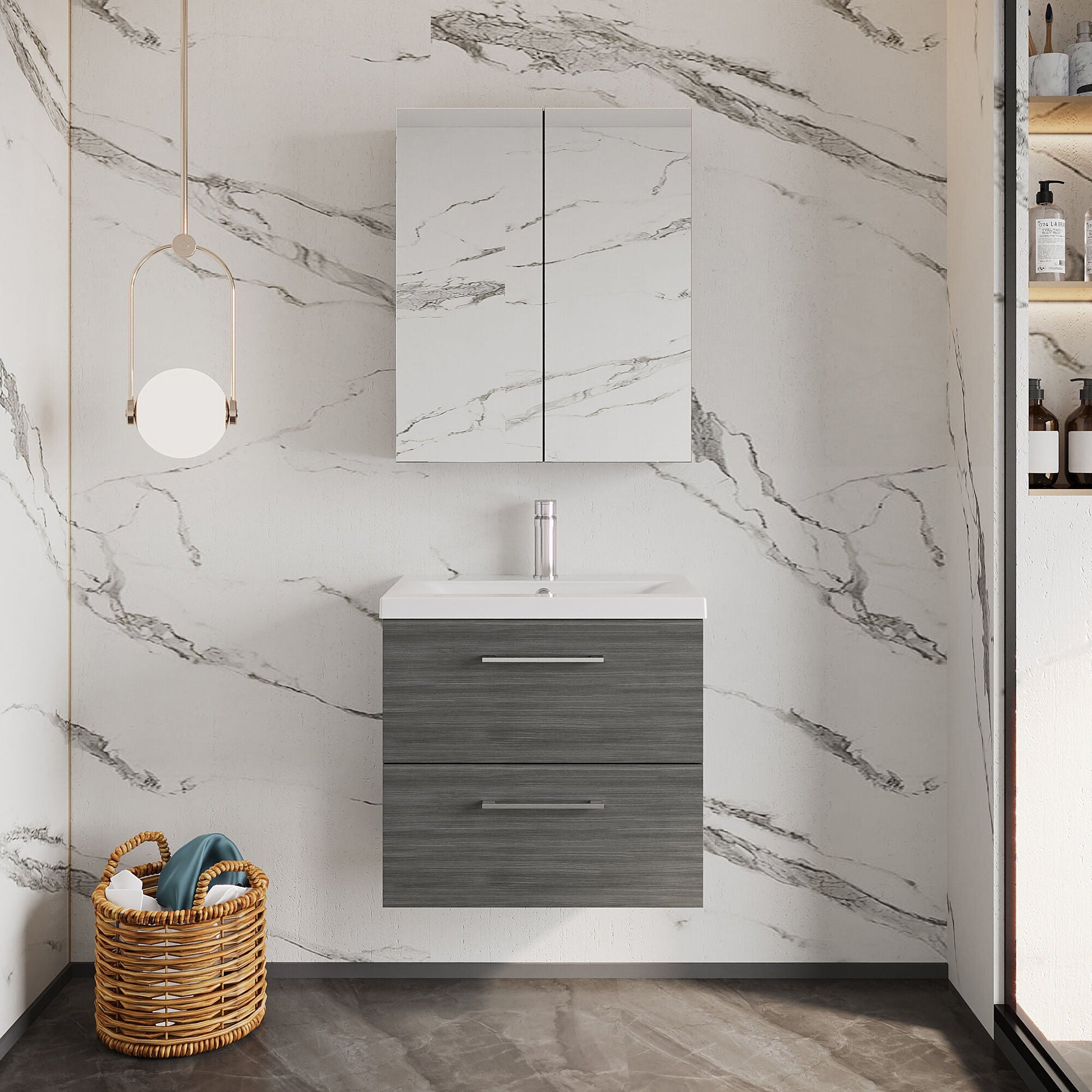 [BFLE524A] Bramshall Wall Hung 2 Drawer Vanity Unit with Mid-Edge Ceramic Basin - Choice of Colour, Handle Finish and Size - Lifestyle 1