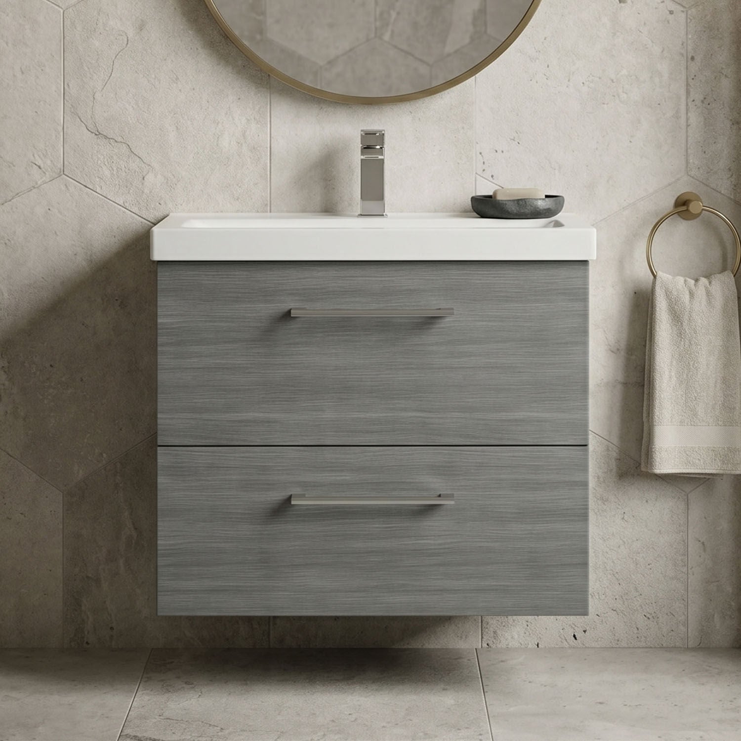 [BFLE524A] Bramshall Wall Hung 2 Drawer Vanity Unit with Mid-Edge Ceramic Basin - Choice of Colour, Handle Finish and Size - Silo
