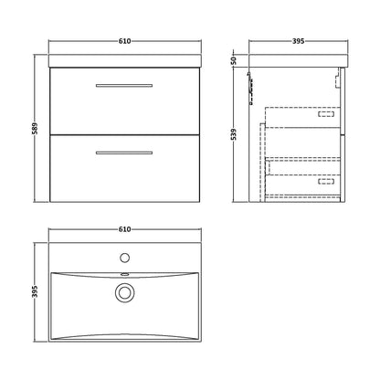 [BFLE524D] Balterley  Contemporary Bathroom Wall Hung 2-Drawer Vanity & Thin-Edge Basin, Anthracite, 600mm - Technical Drawing