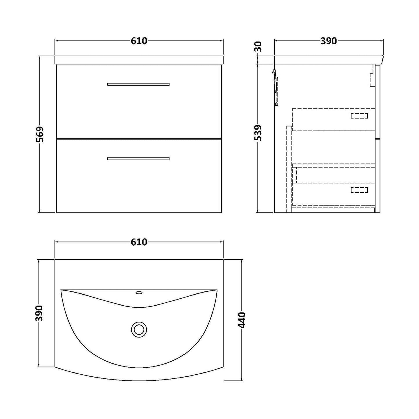 [BFLE524G] Balterley  Modern Bathroom 2 Soft Close Drawer Wall Hung Vanity & Basin, Anthracite, 600mm - Technical Drawing