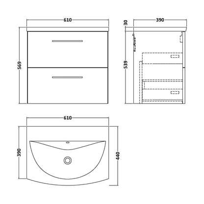 [BFLE524G] Balterley  Modern Bathroom 2 Soft Close Drawer Wall Hung Vanity & Basin, Anthracite, 600mm - Technical Drawing