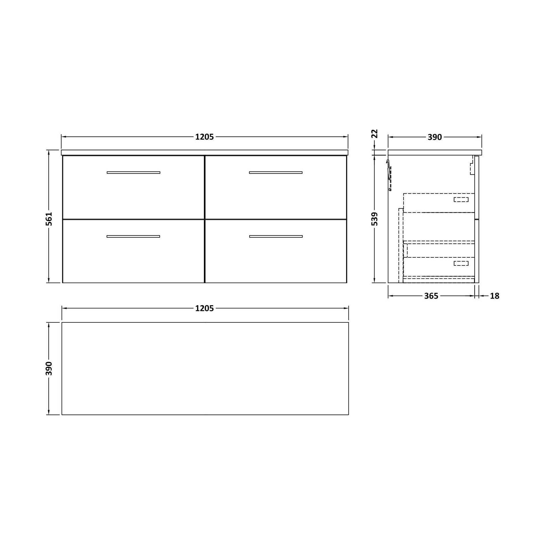 [BFLE524LCM2] Balterley Level 1200mm Wall Hung 4 Drawer Vanity Unit & Laminate Worktop for Modern Bathroom Storage - Anthracite Woodgrain - Technical Drawing