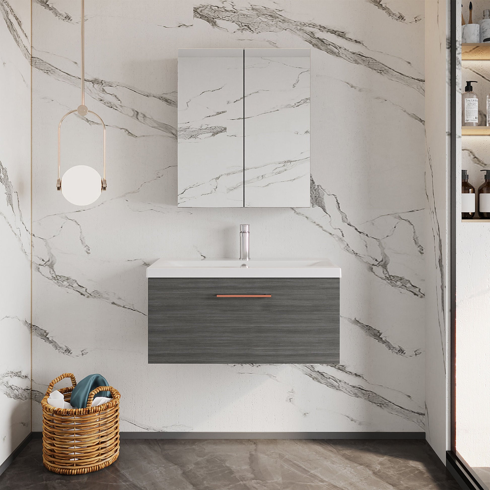 [BFLE525AH019] Bramshall Wall Hung 1 Drawer Vanity Unit with Mid-Edge Ceramic Basin - Choice of Colour, Handle Finish and Size - Lifestyle 1