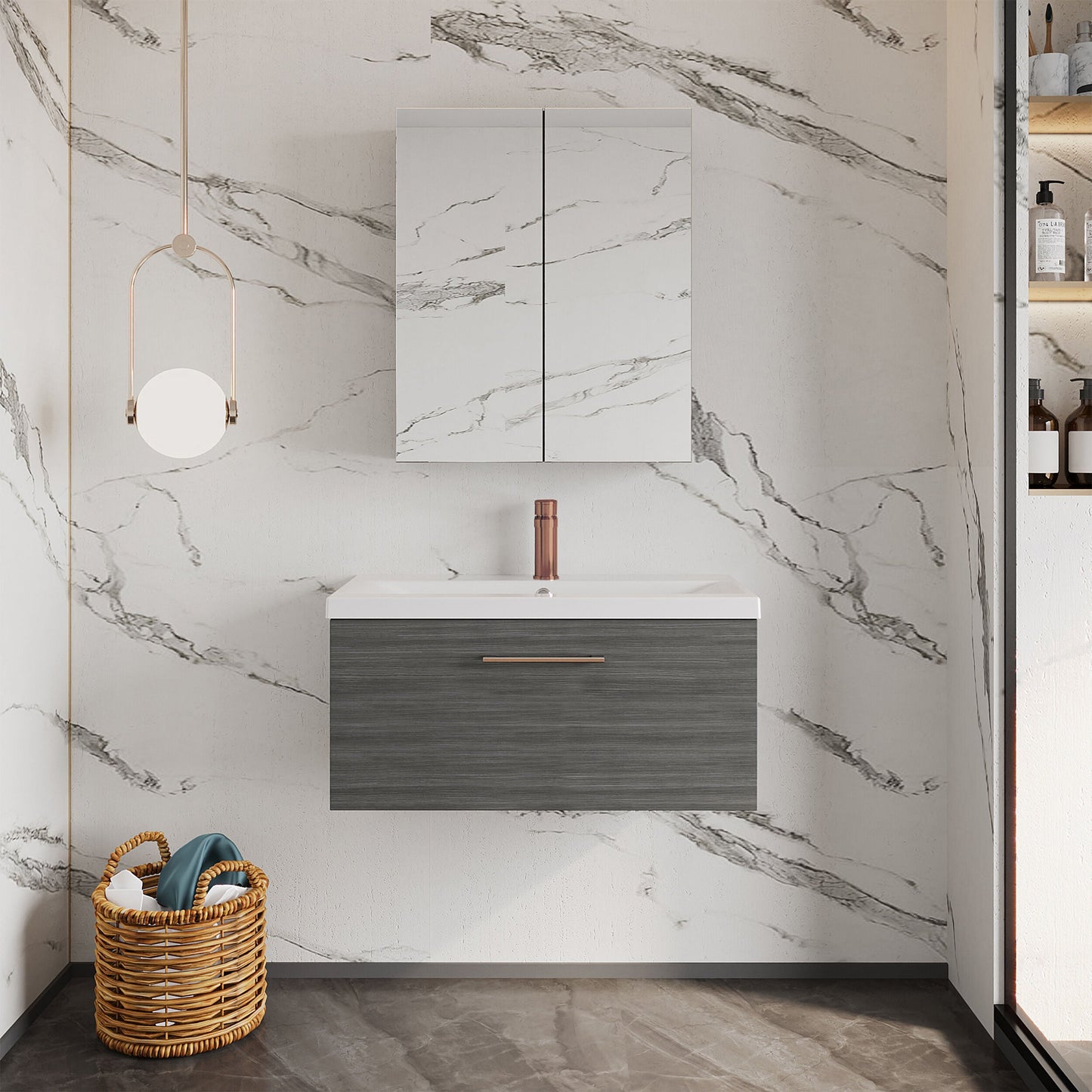 [BFLE525AH1516] Bramshall Wall Hung 1 Drawer Vanity Unit with Mid-Edge Ceramic Basin - Choice of Colour, Handle Finish and Size - Lifestyle 1