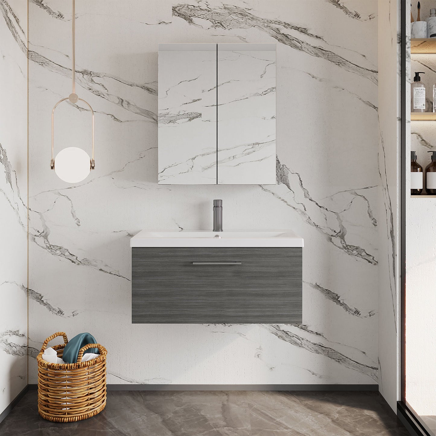 [BFLE525AH716] Bramshall Wall Hung 1 Drawer Vanity Unit with Mid-Edge Ceramic Basin - Choice of Colour, Handle Finish and Size - Lifestyle 1