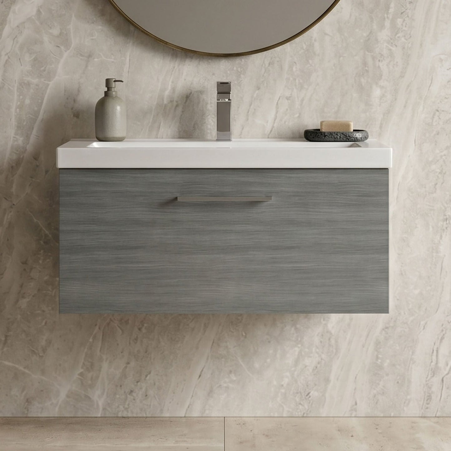 [BFLE525A] Bramshall Wall Hung 1 Drawer Vanity Unit with Mid-Edge Ceramic Basin - Choice of Colour, Handle Finish and Size - Silo