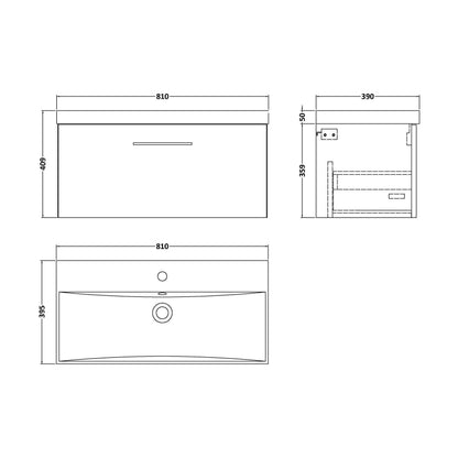 [BFLE525D] Balterley  Contemporary Bathroom Wall Hung 1-Drawer Vanity & Thin-Edge Basin, Anthracite, 800mm - Technical Drawing