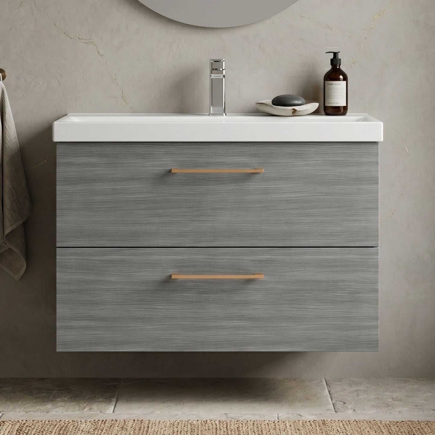 [BFLE526AH019] Bramshall Wall Hung 2 Drawer Vanity Unit with Mid-Edge Ceramic Basin - Choice of Colour, Handle Finish and Size - Silo