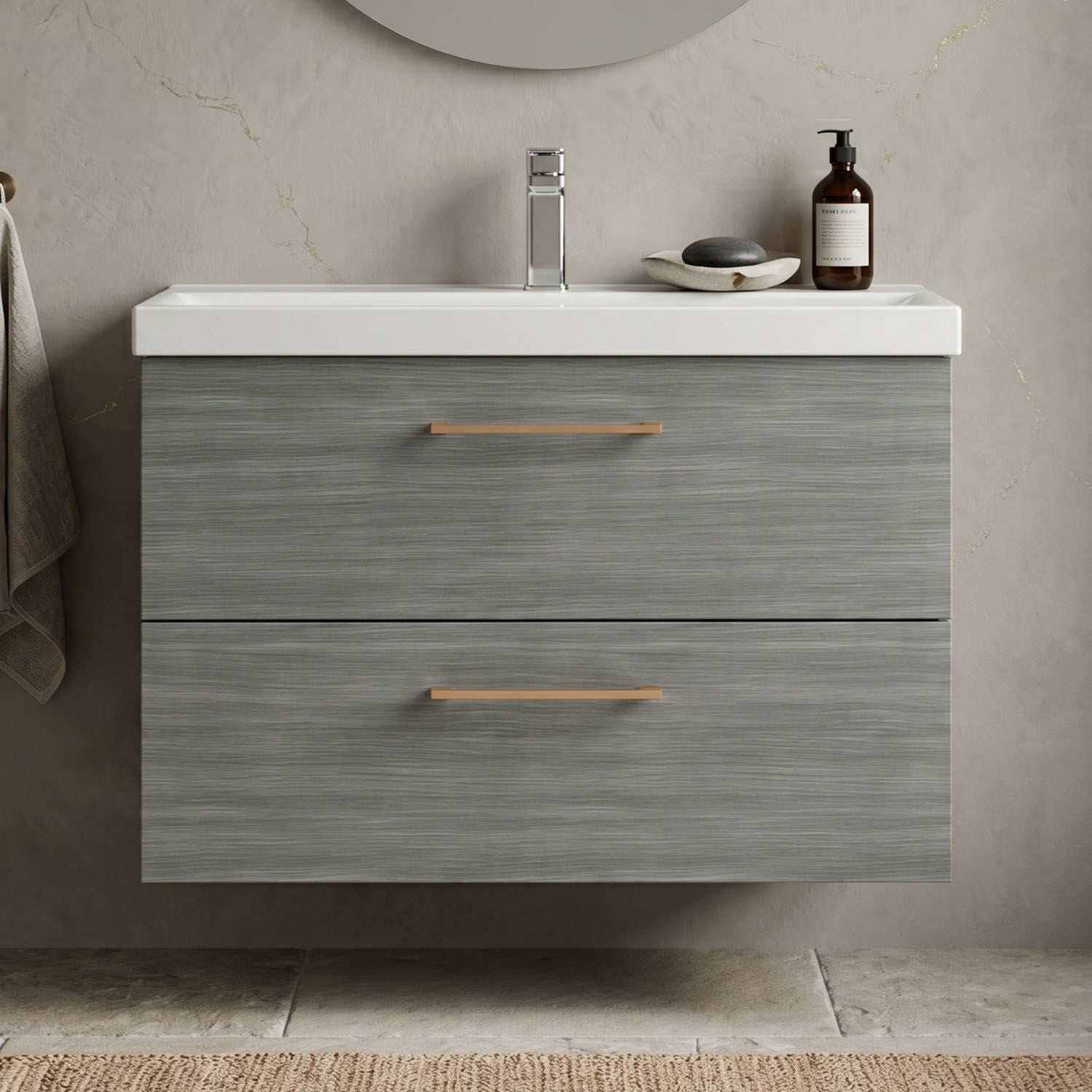 [BFLE526AH019] Bramshall Wall Hung 2 Drawer Vanity Unit with Mid-Edge Ceramic Basin - Choice of Colour, Handle Finish and Size - Silo