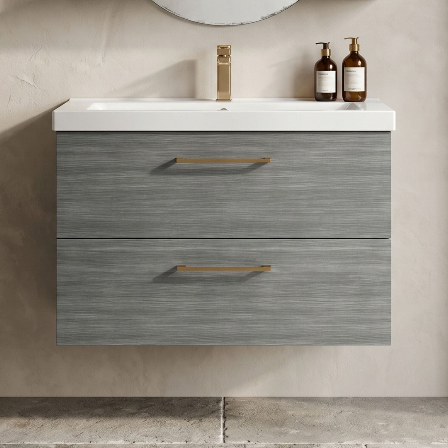 [BFLE526AH1516] Bramshall Wall Hung 2 Drawer Vanity Unit with Mid-Edge Ceramic Basin - Choice of Colour, Handle Finish and Size - Silo