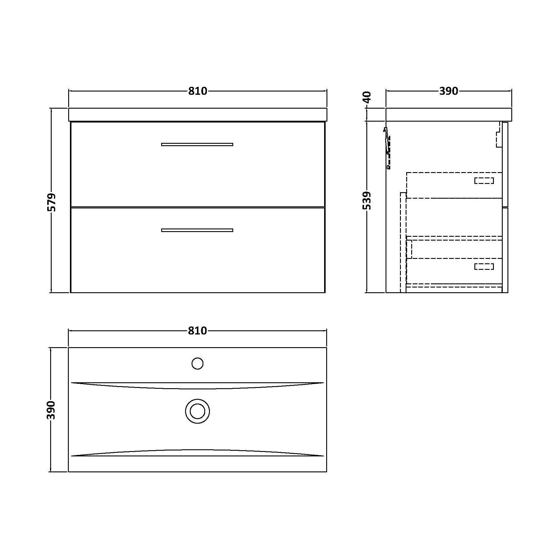 [BFLE526AH716] Bramshall Wall Hung 2 Drawer Vanity Unit with Mid-Edge Ceramic Basin - Choice of Colour, Handle Finish and Size - Technical Drawing