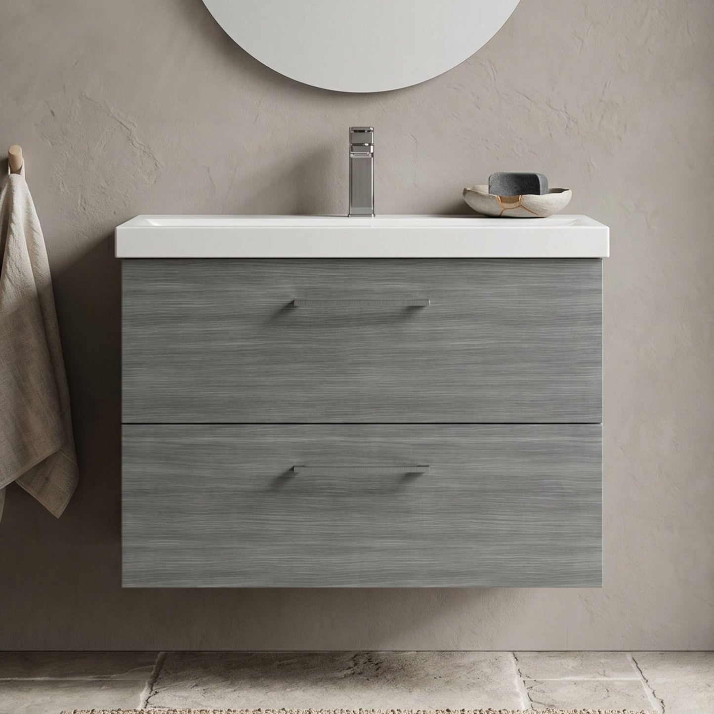 [BFLE526AH716] Bramshall Wall Hung 2 Drawer Vanity Unit with Mid-Edge Ceramic Basin - Choice of Colour, Handle Finish and Size - Silo