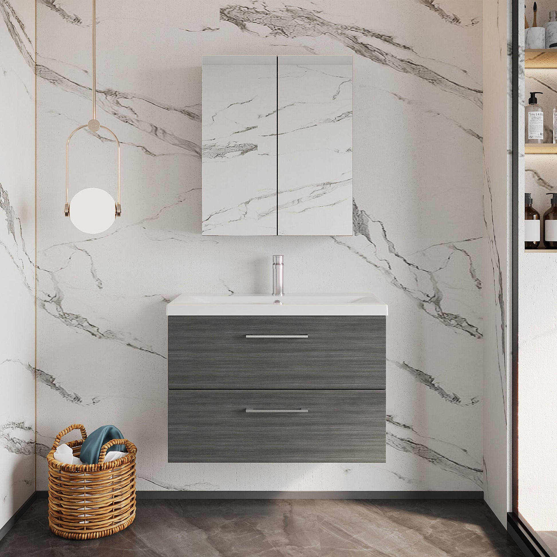 [BFLE526A] Bramshall Wall Hung 2 Drawer Vanity Unit with Mid-Edge Ceramic Basin - Choice of Colour, Handle Finish and Size - Lifestyle 1