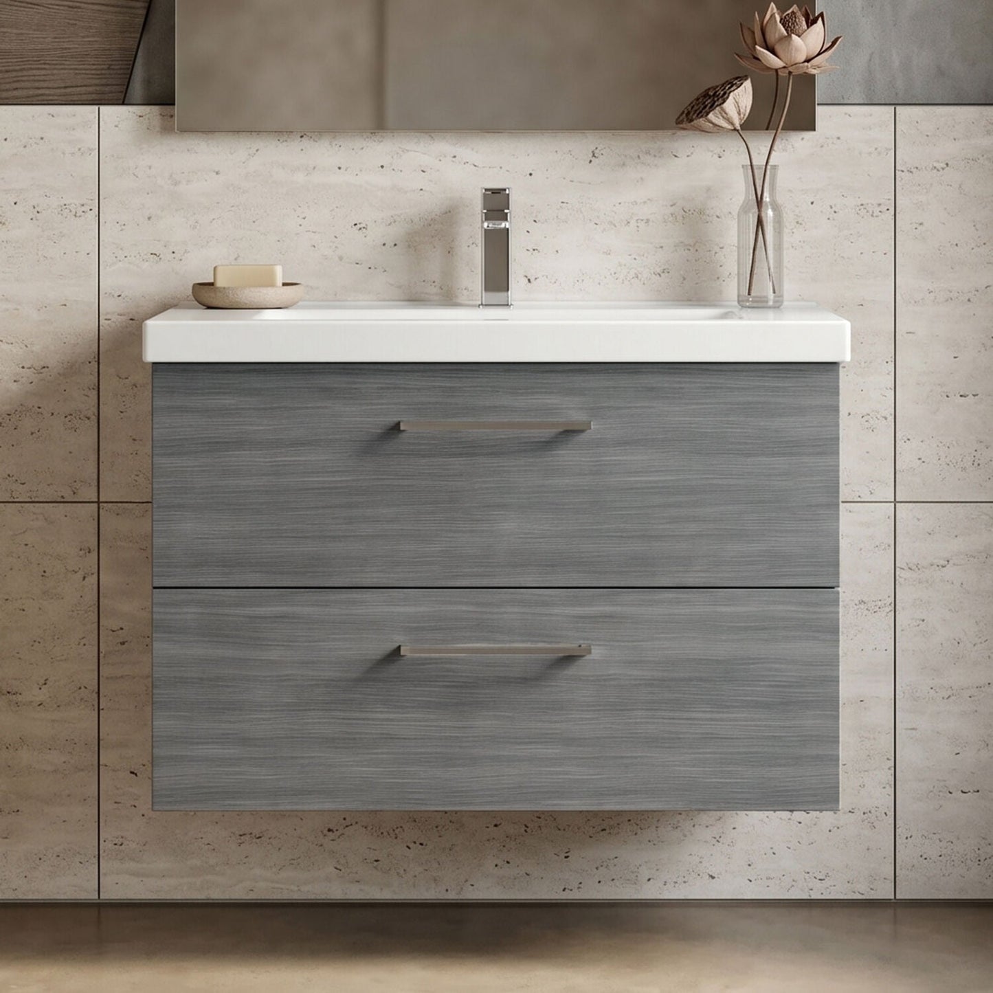 [BFLE526A] Bramshall Wall Hung 2 Drawer Vanity Unit with Mid-Edge Ceramic Basin - Choice of Colour, Handle Finish and Size - Silo
