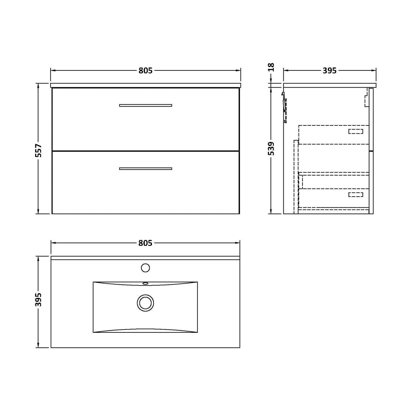 [BFLE526B] Balterley  Contemporary Bathroom 2 Soft Close Drawer & Minimalist Wall Hung Vanity Unit Basin, Anthracite Woodgrain, 800mm - Technical Drawing