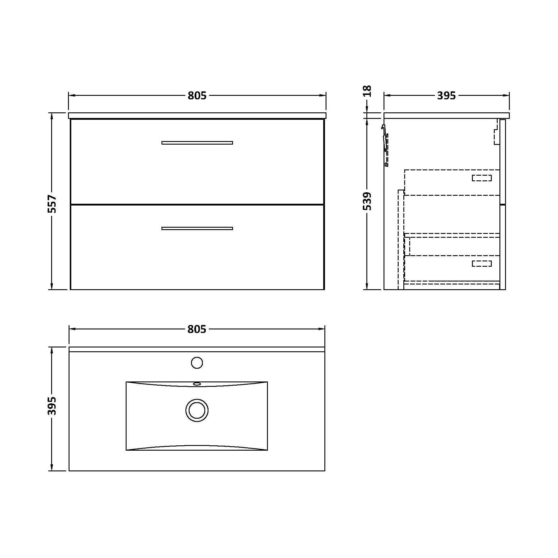 [BFLE526B] Balterley  Contemporary Bathroom 2 Soft Close Drawer & Minimalist Wall Hung Vanity Unit Basin, Anthracite Woodgrain, 800mm - Technical Drawing