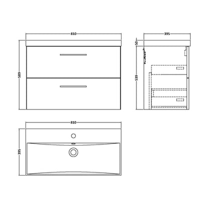 [BFLE526D] Balterley  Modern Bathroom 2 Soft Close Drawer Wall Hung Vanity Unit & Thin-Edge Basin, Anthracite, 800mm - Technical Drawing
