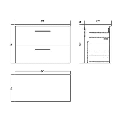 [BFLE526LCM] Balterley Level 800mm Wall Hung 2 Drawer Vanity Unit & Laminate Worktop for Modern Bathroom Storage - Anthracite Woodgrain - Technical Drawing