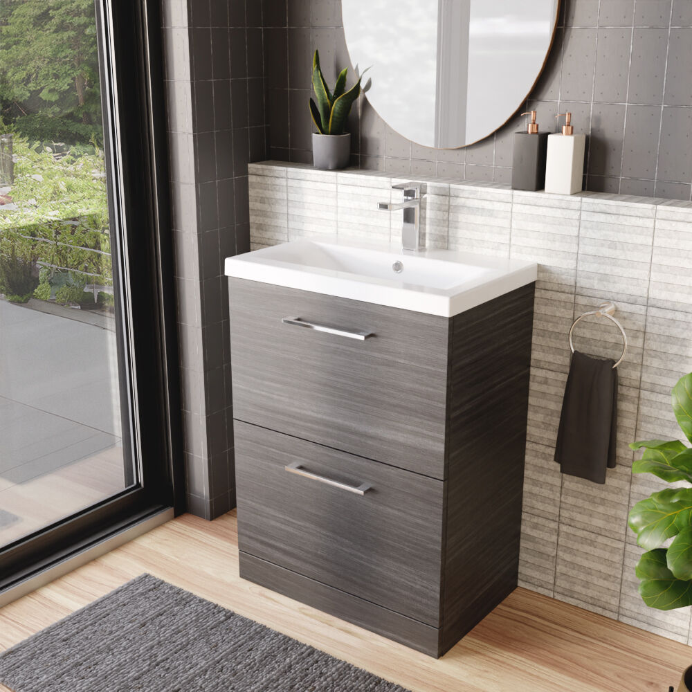 [BFLE533A] Balterley Contemporary Bathroom Floor Standing 2 Soft-Close Drawer Vanity Unit & Mid-Edge Ceramic Basin, Anthracite, 600 mm - Lifestyle 3