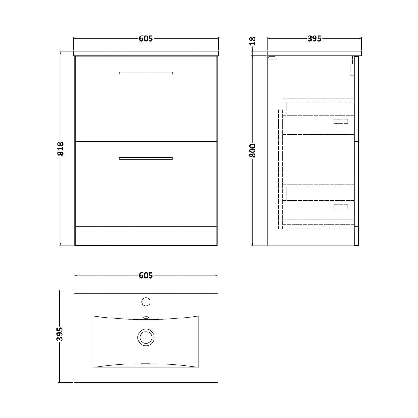 [BFLE533B] Balterley  Contemporary Bathroom 2 Soft Close Drawer & Minimalist Floor Standing Vanity Unit Basin, Anthracite, 600mm - Technical Drawing