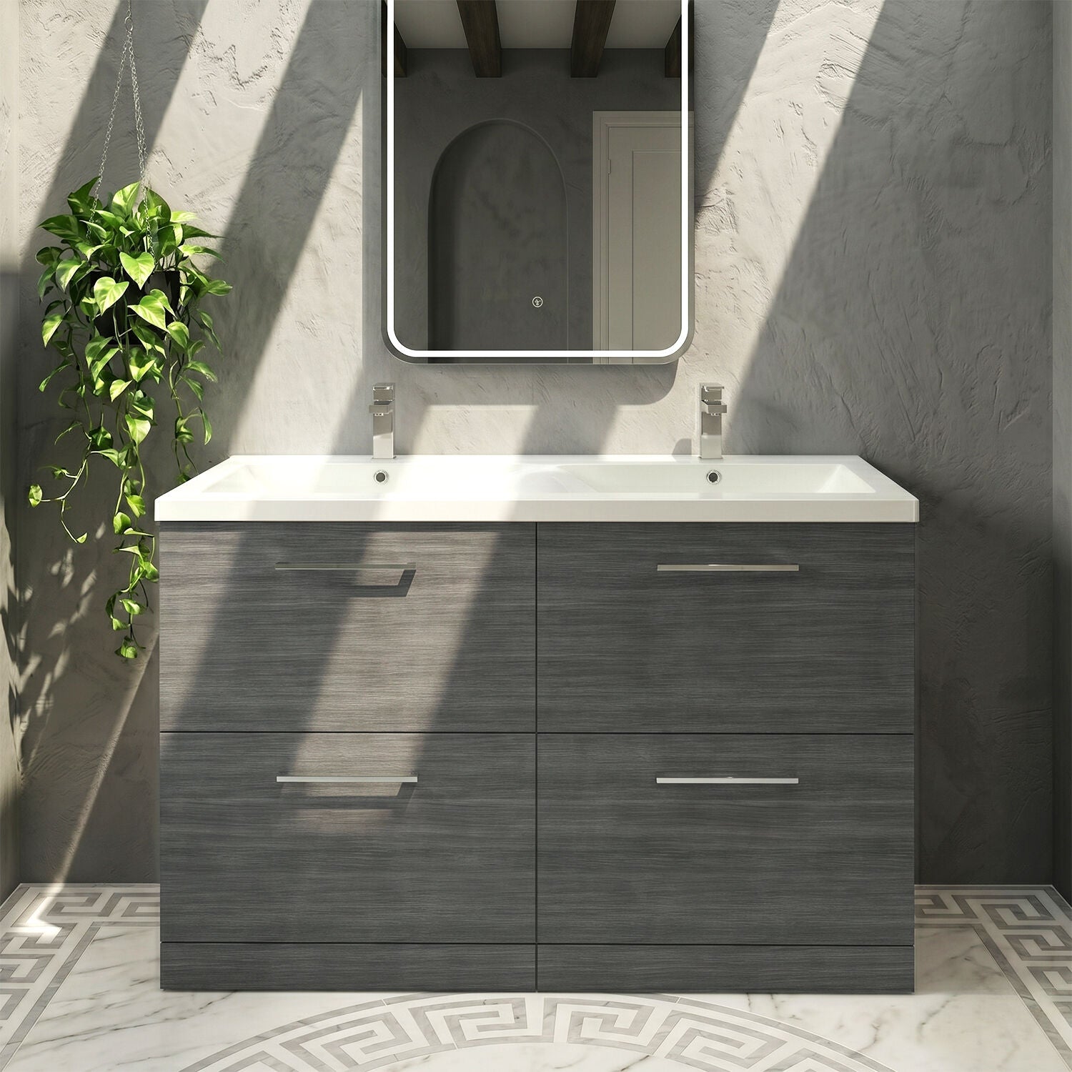 [BFLE533F2] Balterley Level 1200mm Floor Standing 4 Drawer Vanity Unit with Double Basin, Handles & Overflow for Bathroom Storage Gloss White - Silo