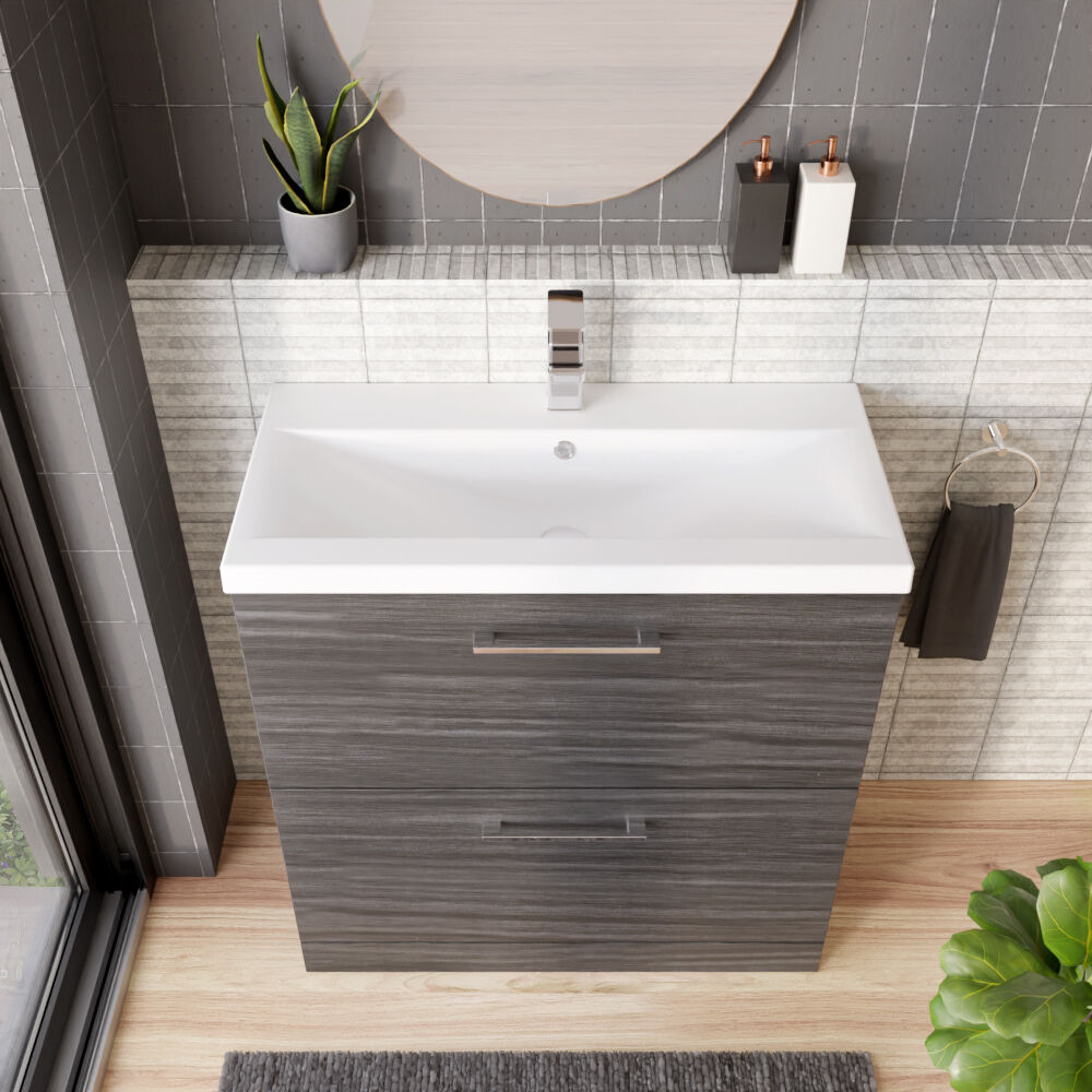 [BFLE535A] Balterley Contemporary Bathroom Floor Standing 2 Soft-Close Drawer Vanity Unit & Mid-Edge Ceramic Basin, Anthracite, 800 mm - Lifestyle 2