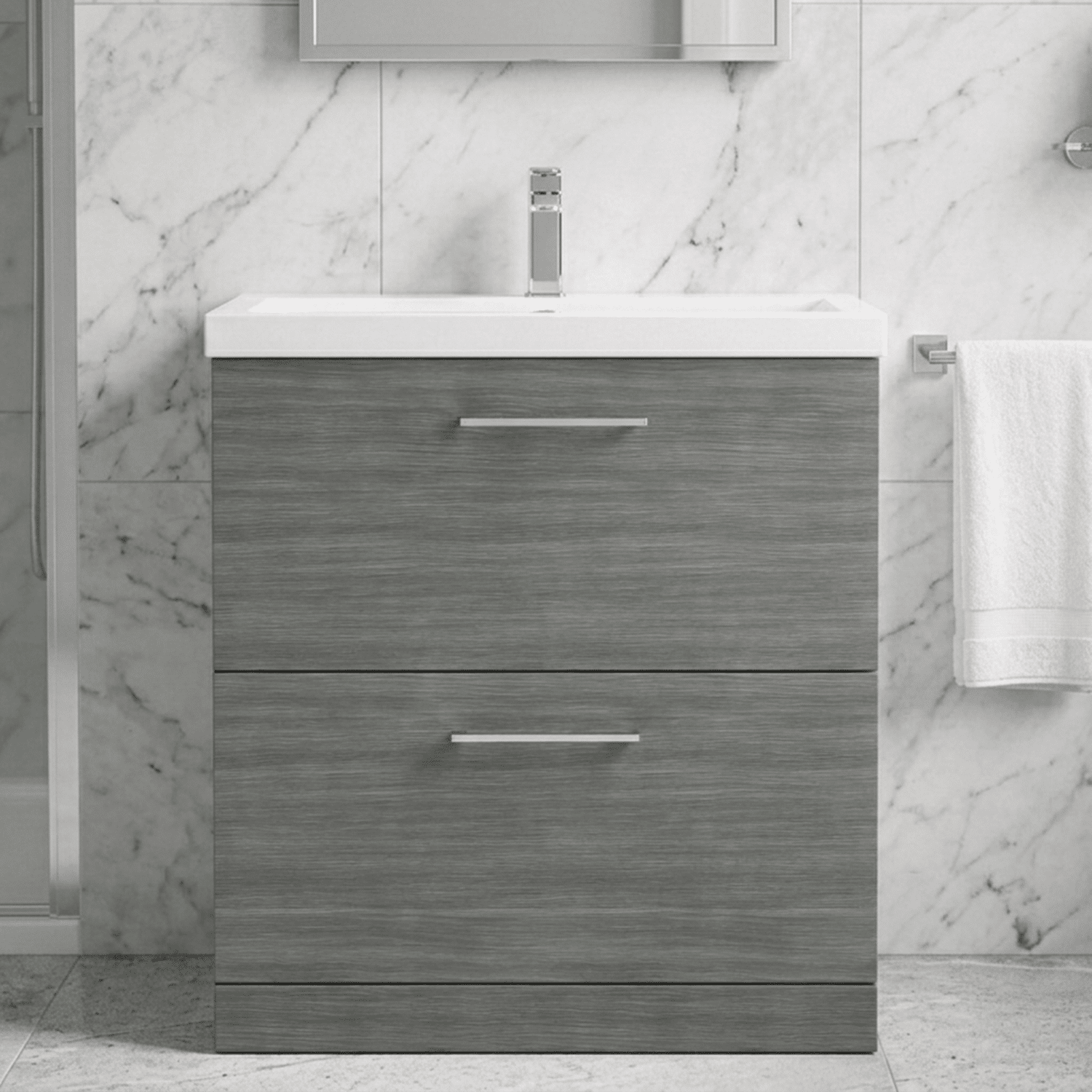 [BFLE535A] Balterley Contemporary Bathroom Floor Standing 2 Soft-Close Drawer Vanity Unit & Mid-Edge Ceramic Basin, Anthracite, 800 mm - Silo