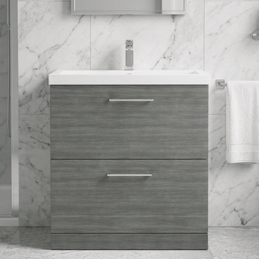 [BFLE535A] Balterley Contemporary Bathroom Floor Standing 2 Soft-Close Drawer Vanity Unit & Mid-Edge Ceramic Basin, Anthracite, 800 mm - Silo