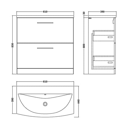[BFLE535G] Balterley  Modern Bathroom 2 Soft Close Drawer Floor Standing Vanity & Basin, Anthracite, 800mm - Technical Drawing