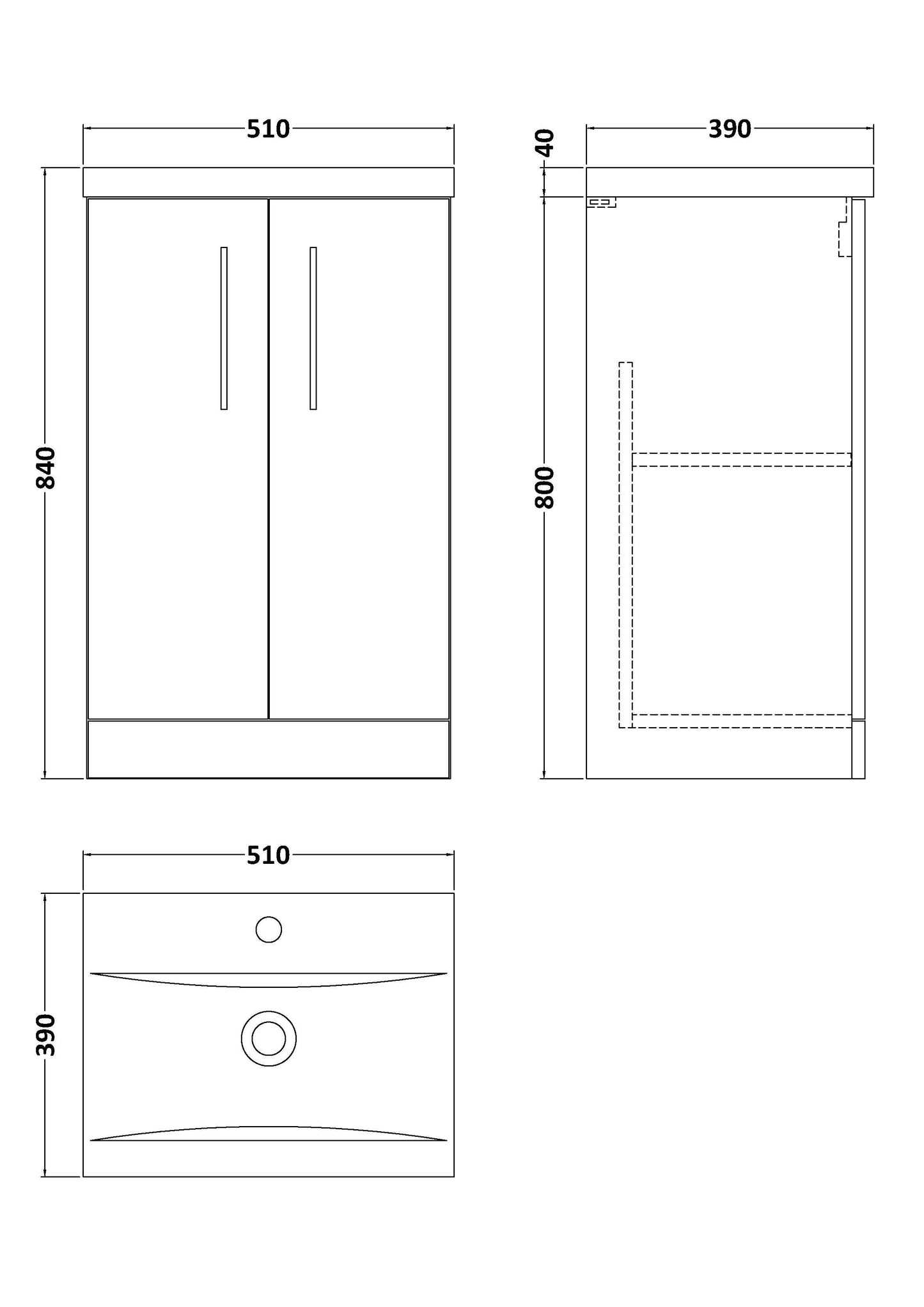 [BFLE601A] Contemporary Floor Standing Vanity Unit with Mid-Edge Basin, Choice of Size - Line Drawing